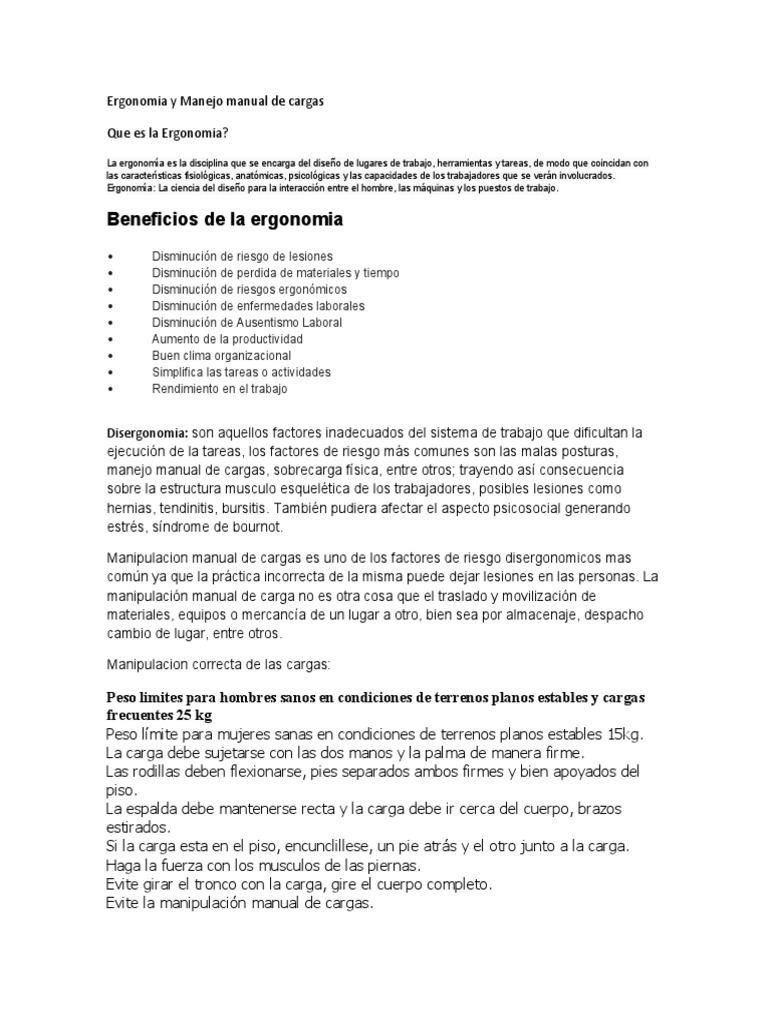 Ergonomía en el Manejo de Cargas | PDF | Factores humanos y ergonomía ...