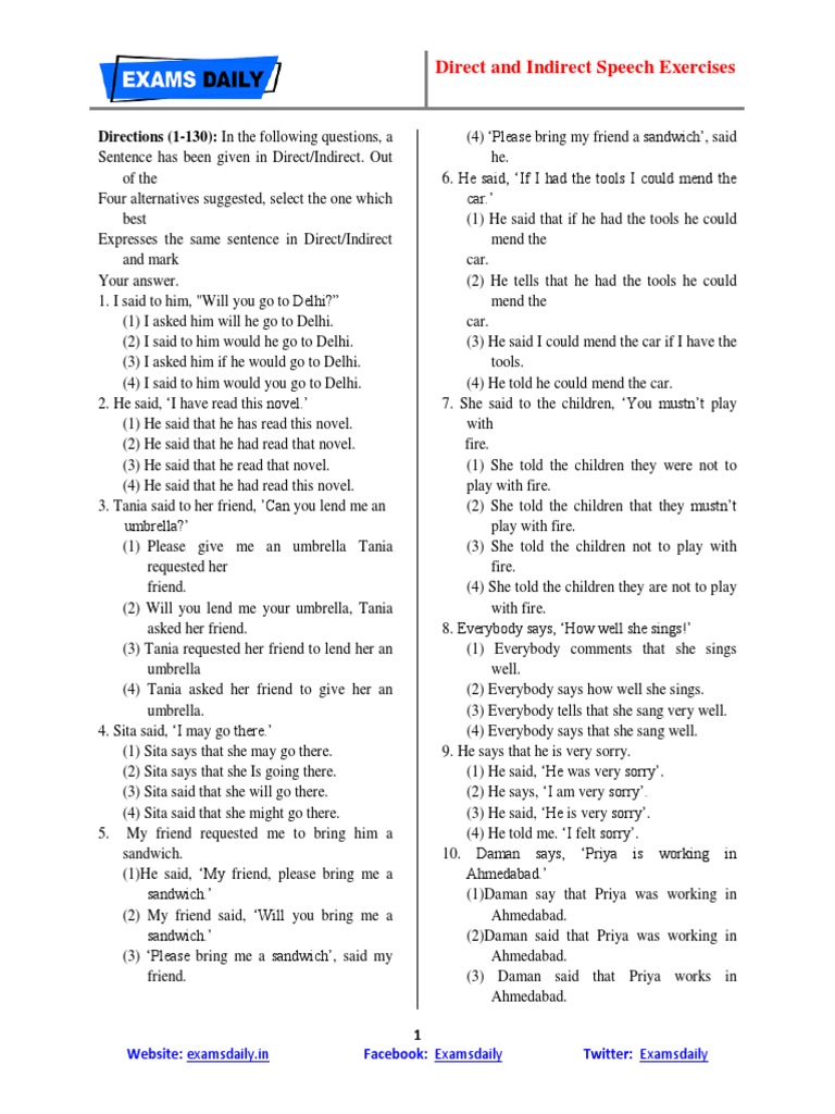 Direct and Indirect Speech Exercises | PDF