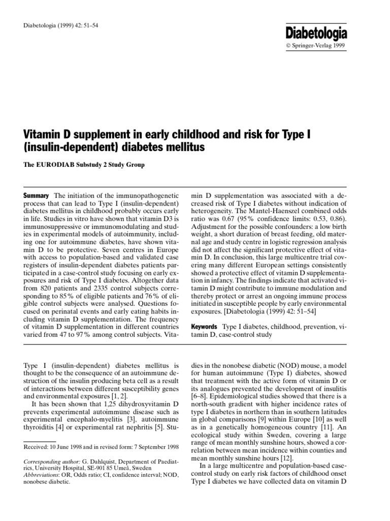 Vitamin D Supplement in Early Childhood and Risk For Type I (Insulin