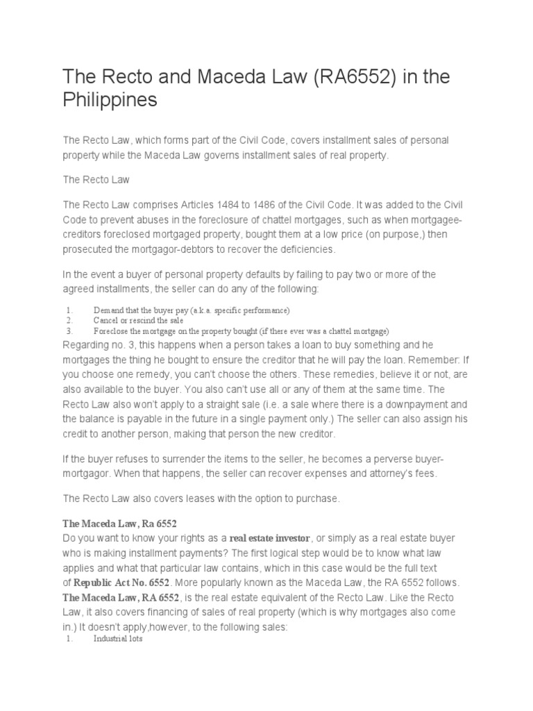 The Recto and Maceda Law | PDF | Foreclosure | Mortgage Law
