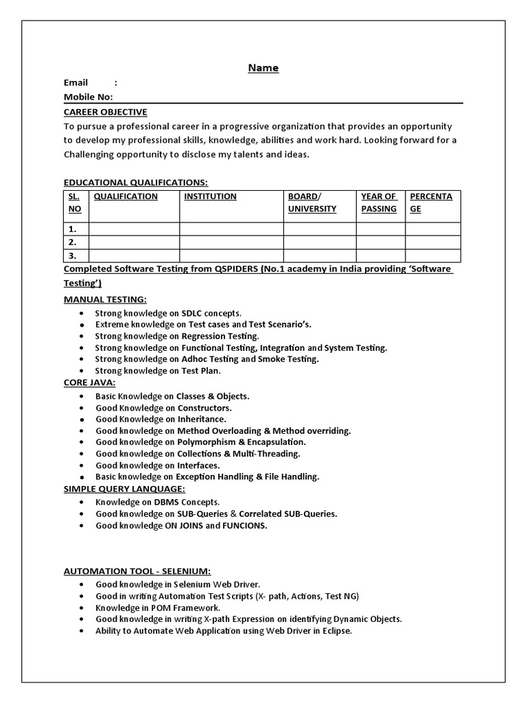 Freshers Resume for Software Testing | PDF | Selenium (Software ...