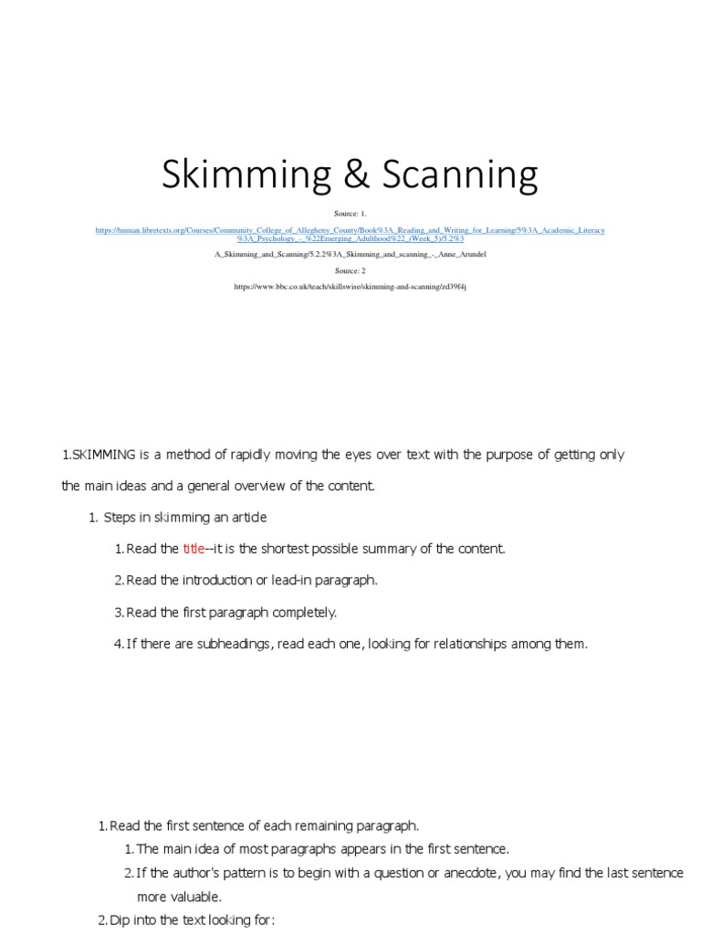 Skimming and Scanning - Eng-301 (Lec 1) | PDF | Speed Reading | Human ...