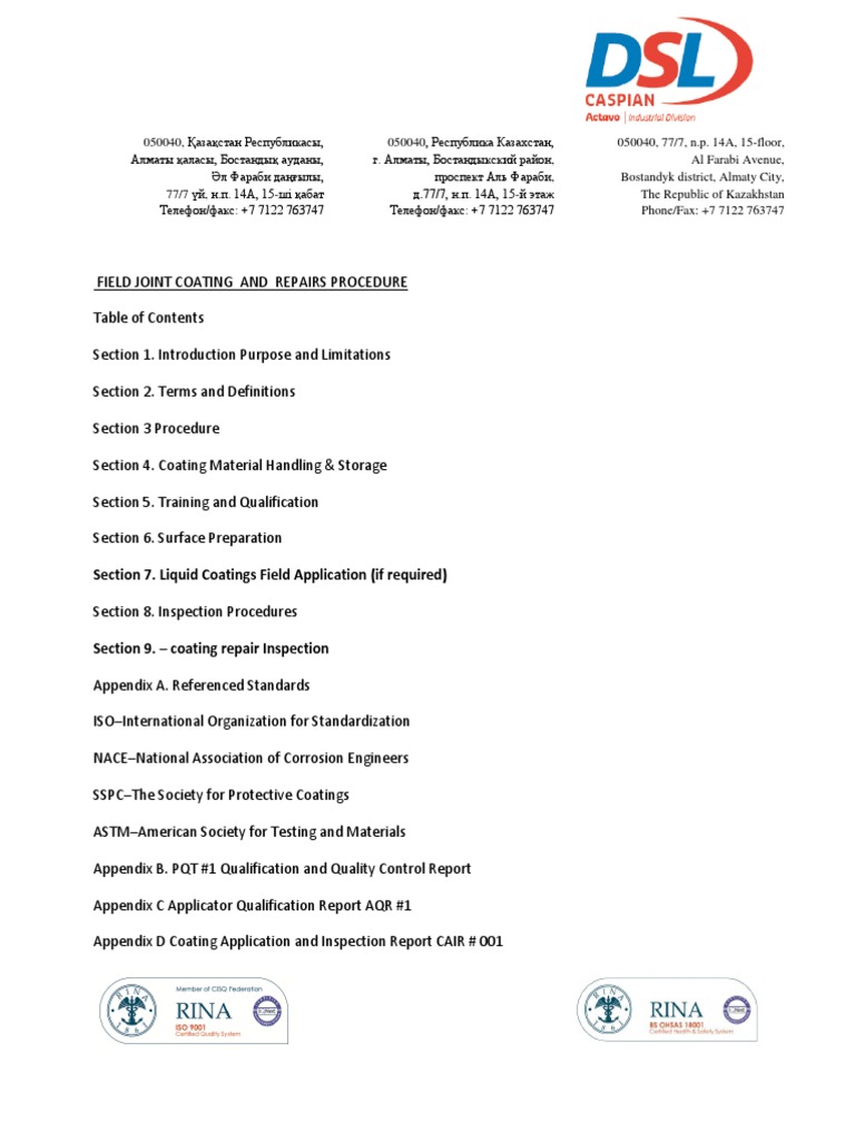 Field Joint Coating and Repairs Procedure PDF Materials