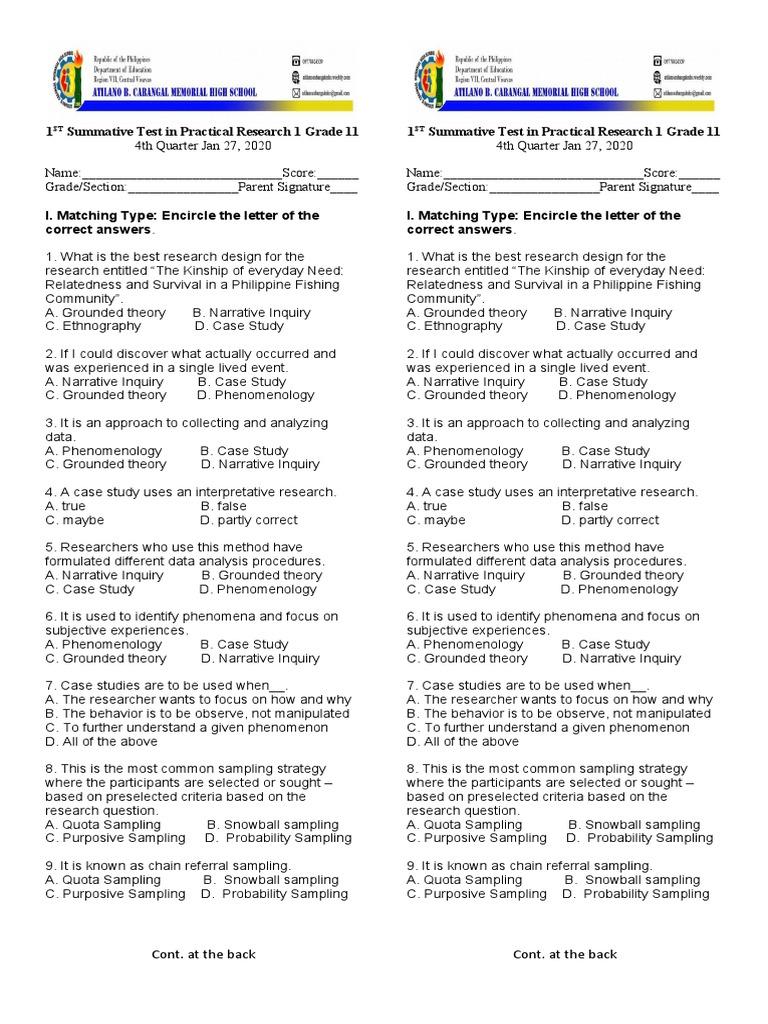 Grade 11 Practical Research Test 1 | PDF | Sampling (Statistics ...