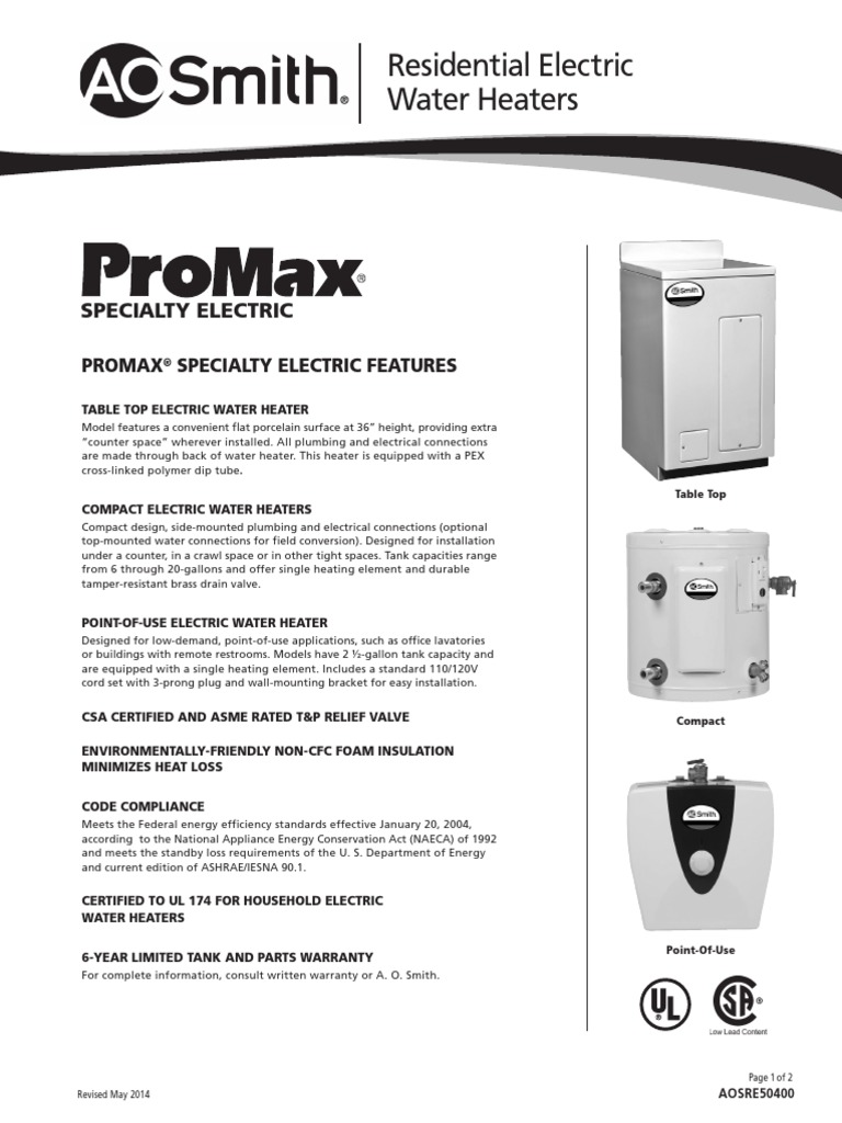 Water Heater 19 Gallon (Manuf. AO Smith) (Model EJCS20) PDF