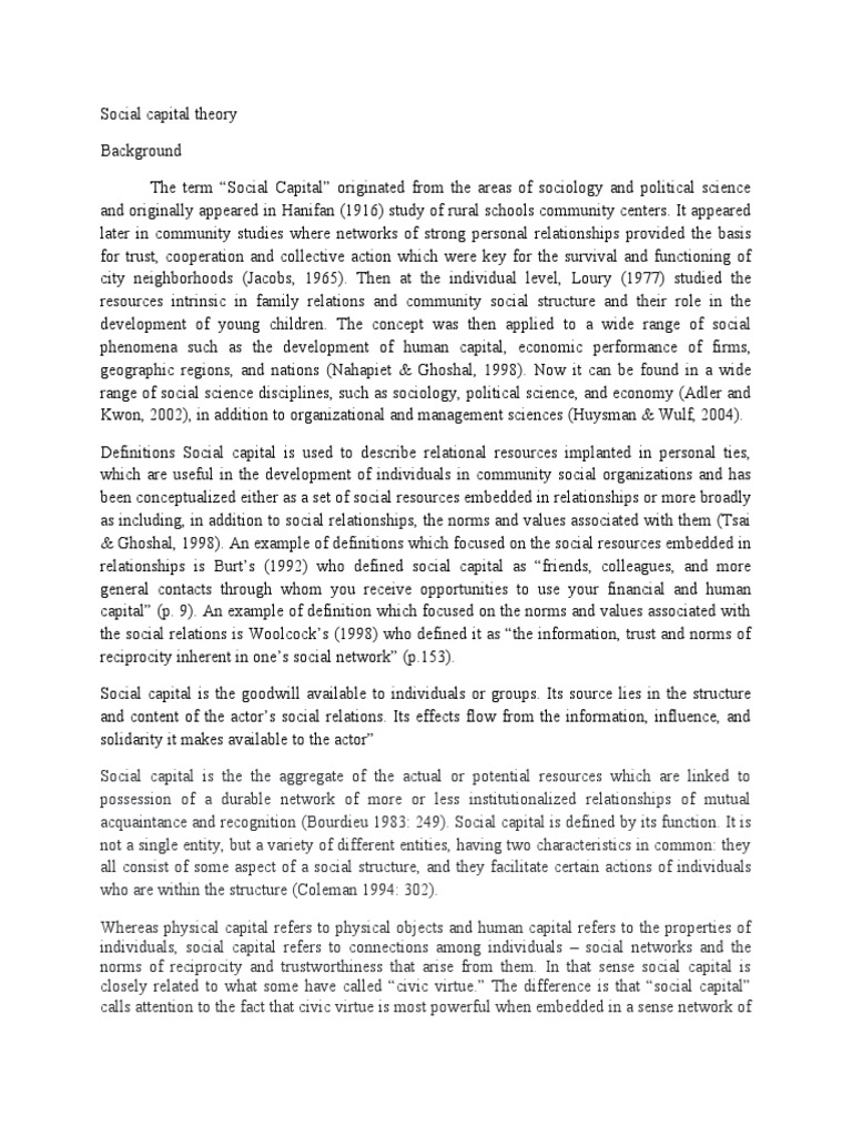 Social Capital Theory Pdf Social Capital Sociological Theories