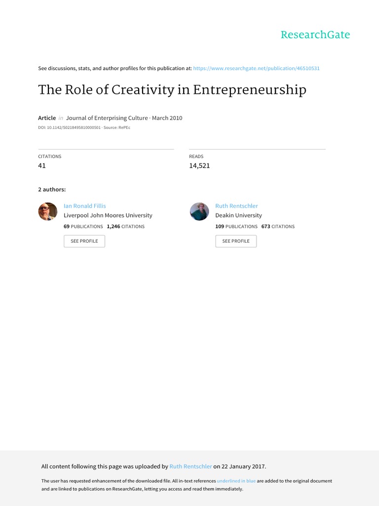 Creativity's Impact on Entrepreneurship | PDF | Creativity ...