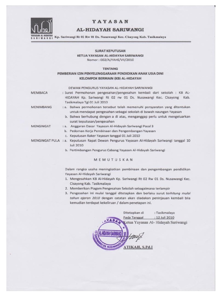 Contoh Sk Sekolah Naungan Yayasan Kb Pdf
