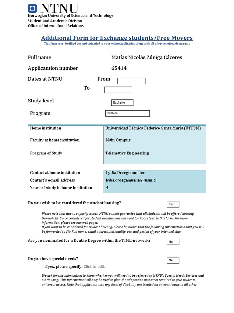 Additional Form For Exchange Students H2018 | PDF | Communication ...