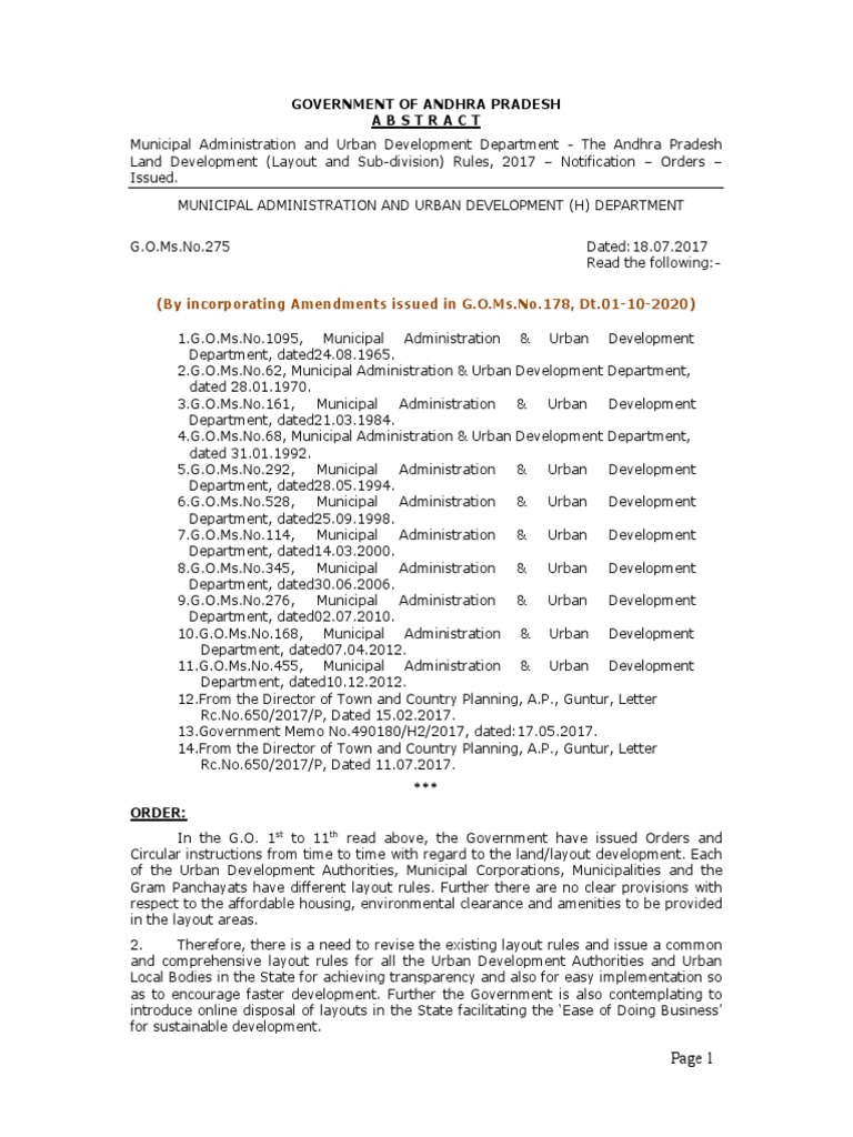AP Layout Rules-2017 (G.O.ms - No.275, Dt18!07!2017 With Amendments of ...