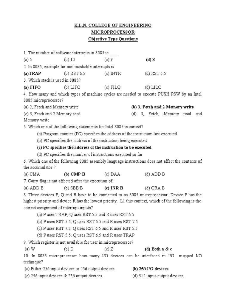 K.L.N. College of Engineering Microprocessor Objective Type Questions
