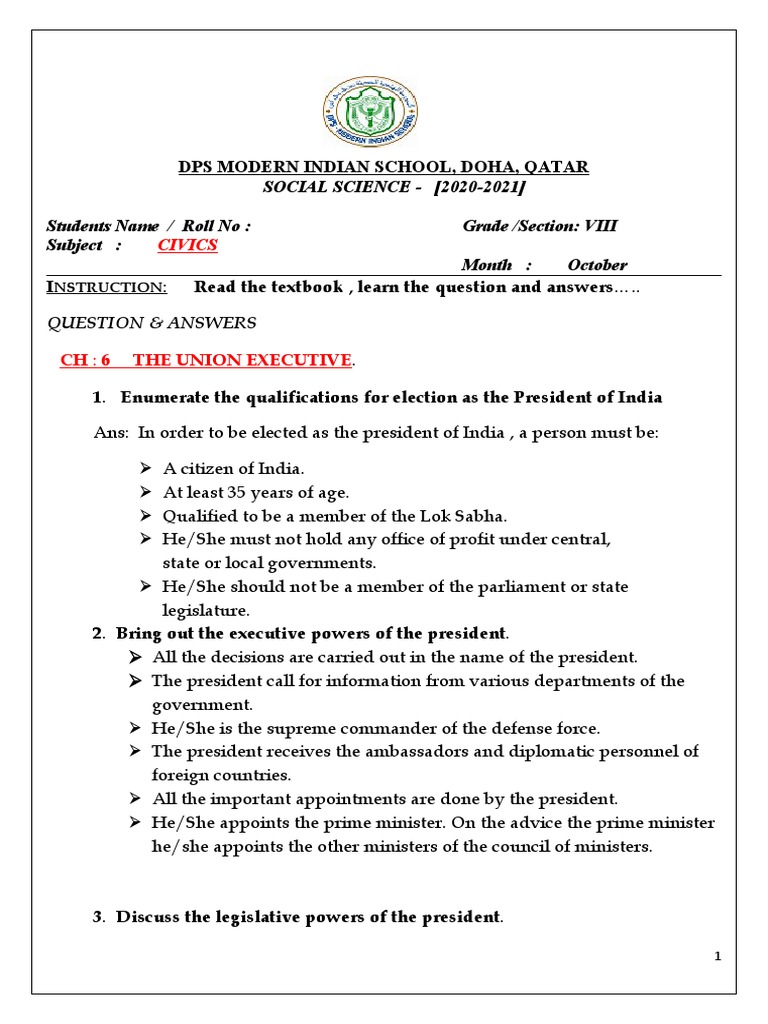 The Union Executive Notes Civics PDF (Government) Prime