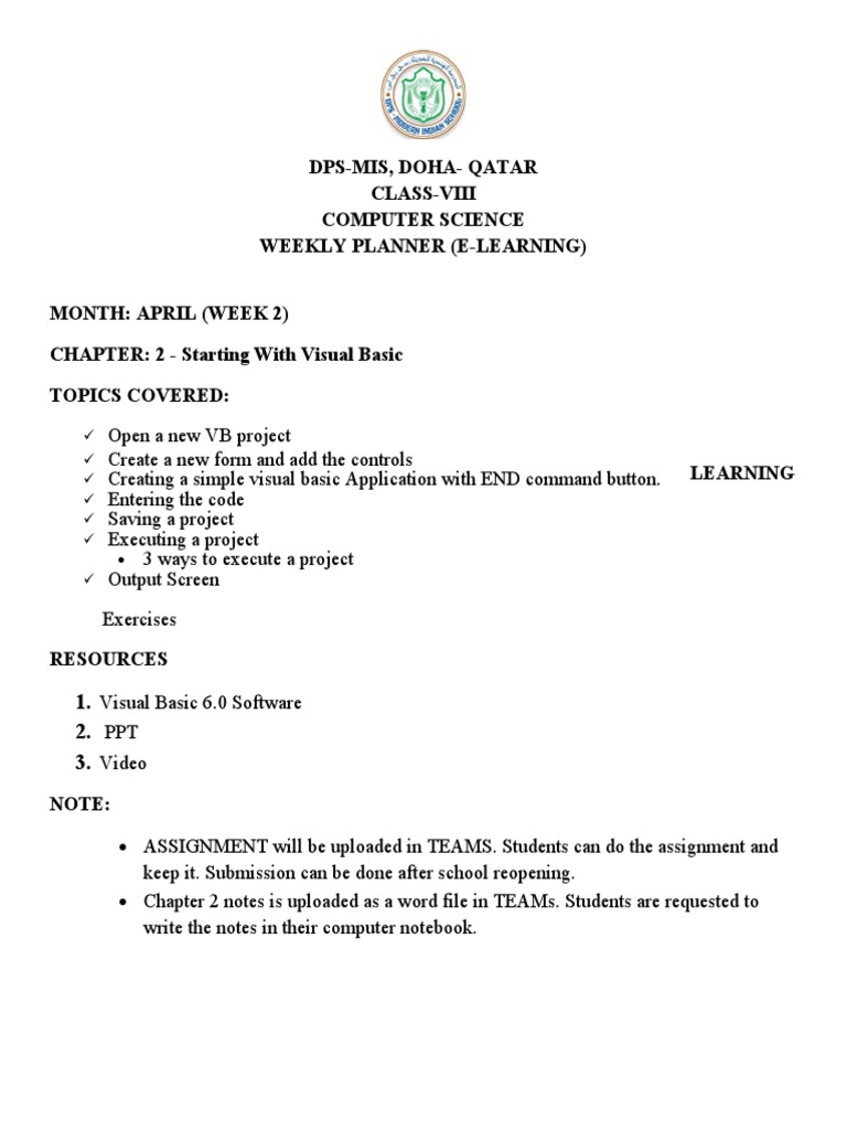 Class 8 Visual Basic Weekly Planner | PDF | Computers | Technology ...