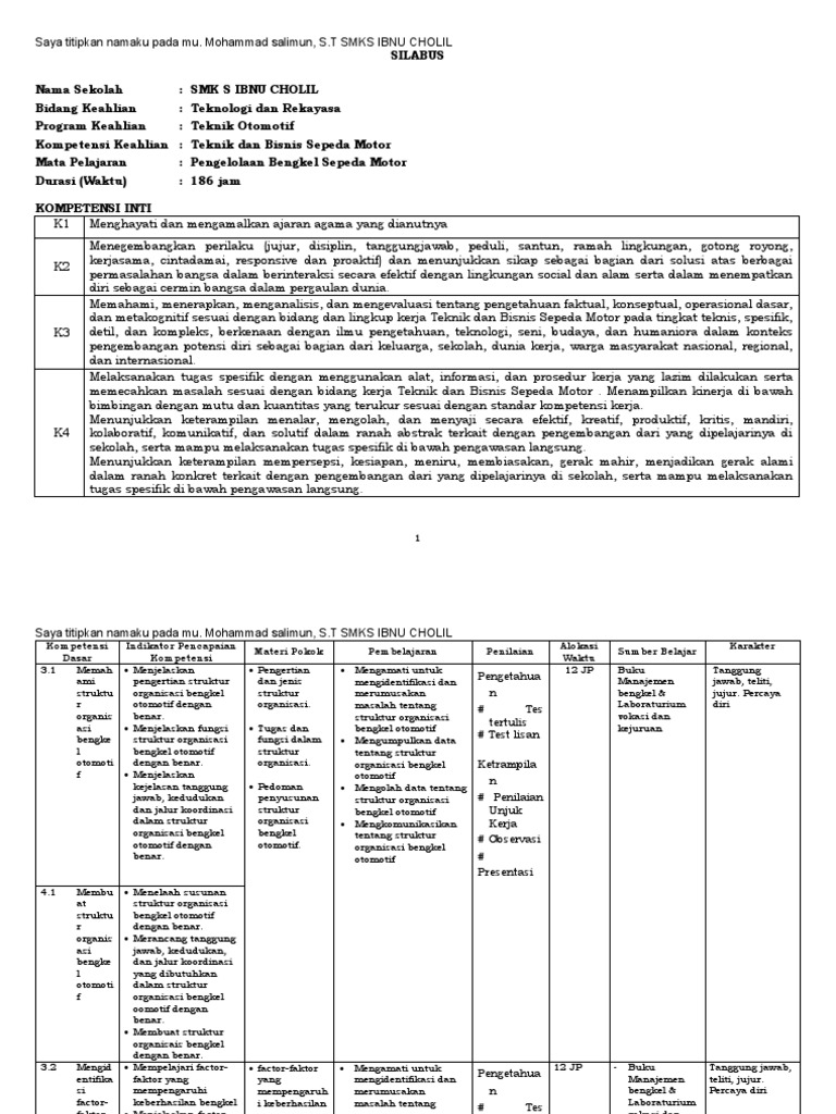 SILABUS (Pengelolaan Bengkel Sepeda Motor) SEPEDAMOT | PDF
