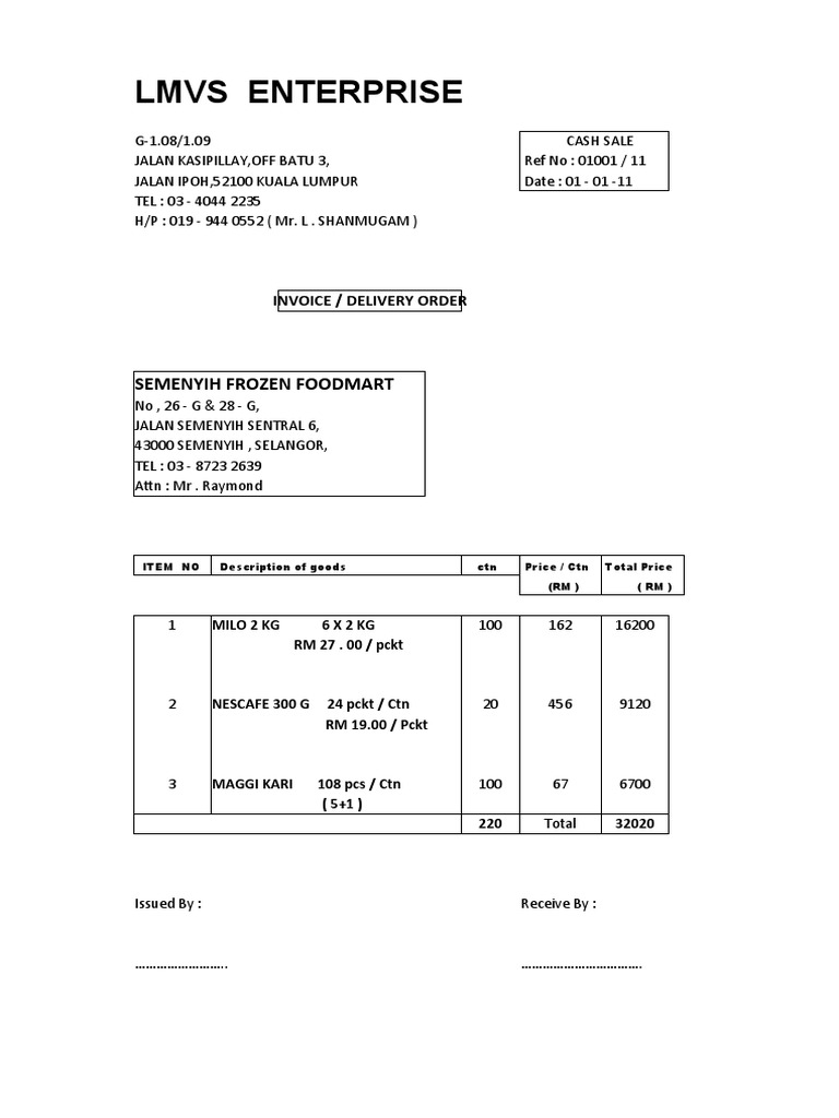 Cash Sale Invoice for Frozen Foods | PDF