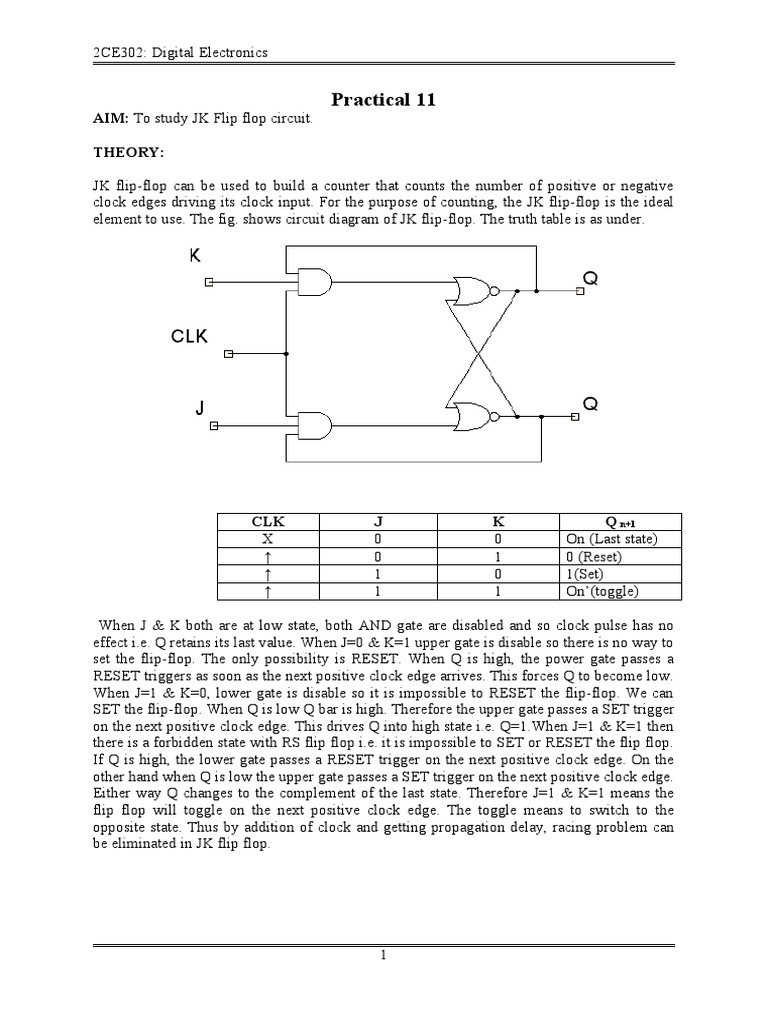 Practical 11: AIM: To Study JK Flip Flop Circuit. Theory | PDF | Logic