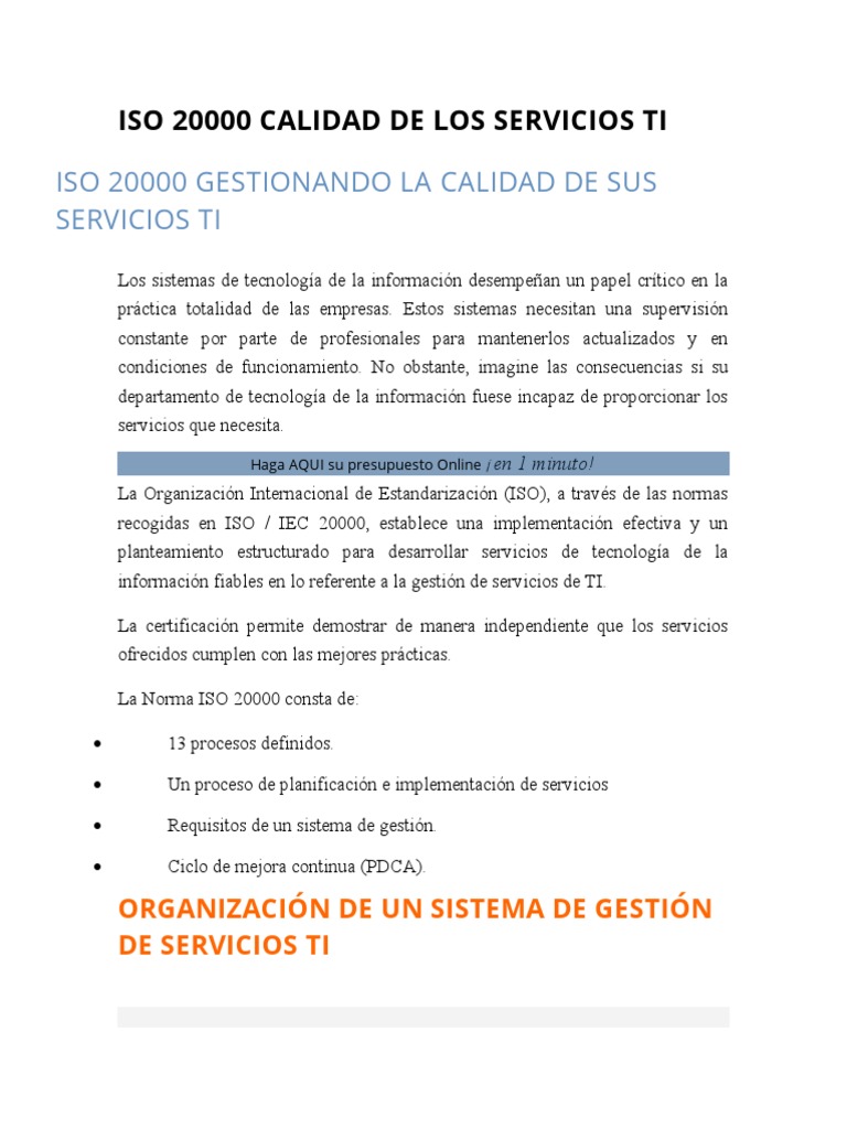 ISO 20000: Gestión de Servicios TI | PDF | It Service Management | Itil