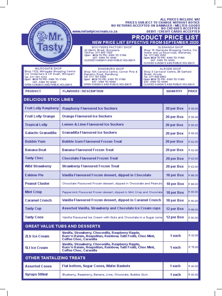 Ice cream shop price list