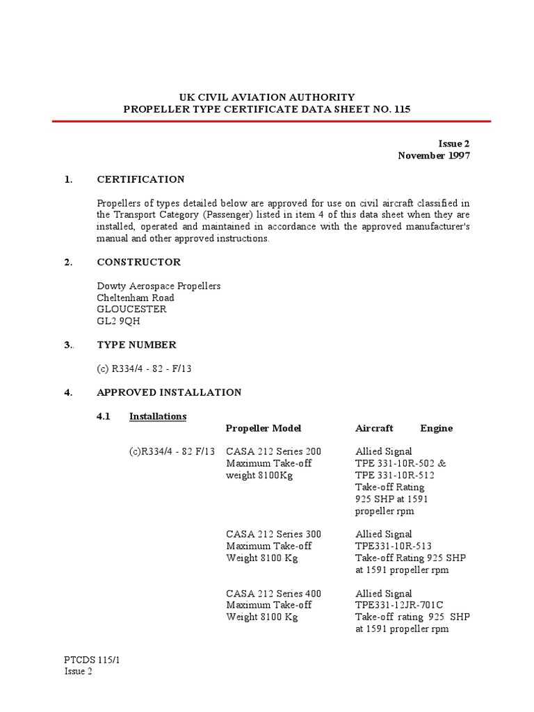 Uk Civil Aviation Authority Propeller Type Certificate Data Sheet No