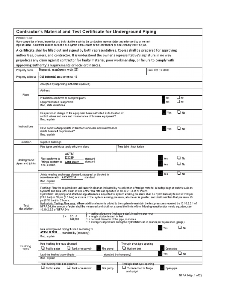Underground Piping Test Certificate | PDF | Pipe (Fluid Conveyance ...