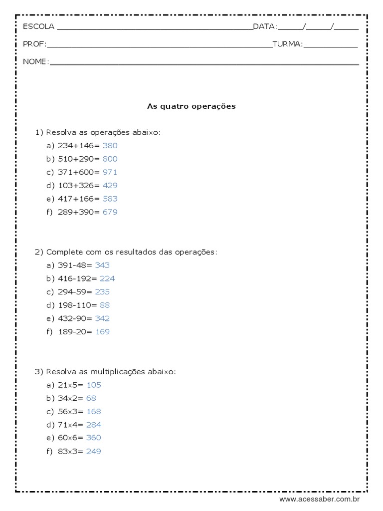 Atividades de Matemática: 4 Operações 3º Ano | PDF