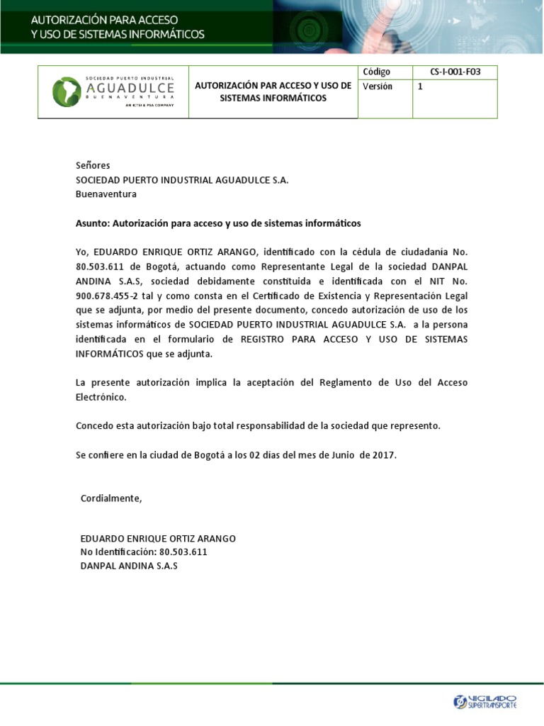 Autorizacion para Uso de Sistemas Informaticos P | PDF | Usuario ...