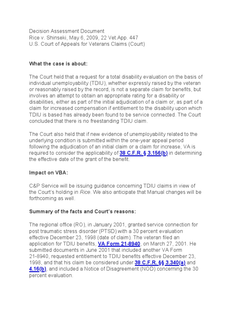 Rice V Shinseki Decision Assesment and Case Files PDF Veteran