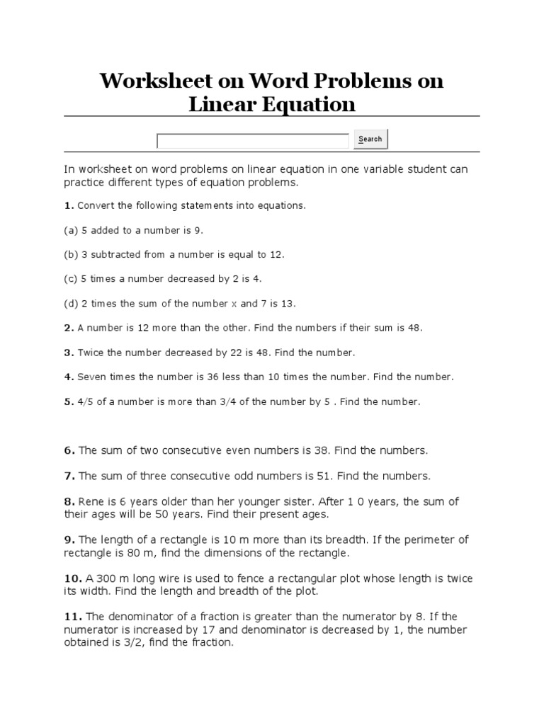 Worksheet On Word Problems On Linear Equation MATH 7 4TH MID | PDF |  Fraction (Mathematics) | Length