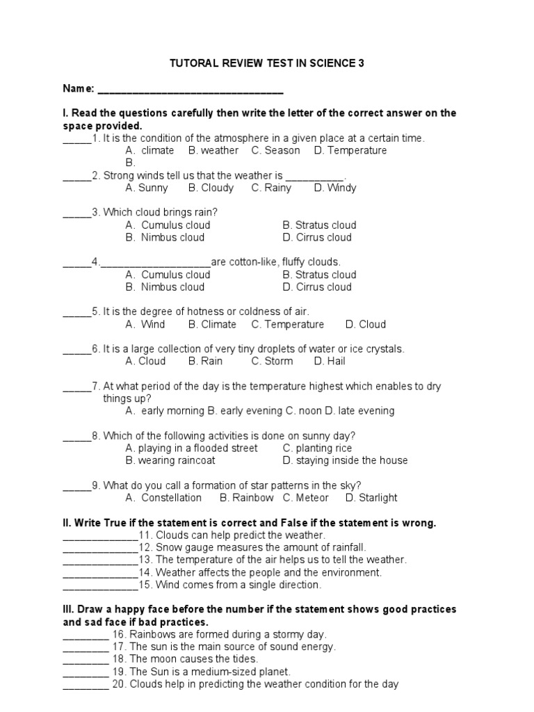 Tutoral Review Test in Science 3 | PDF | Science & Mathematics