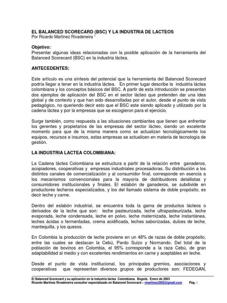 Balanced Scorecard en la Industria Láctea | PDF | Calidad (comercial ...