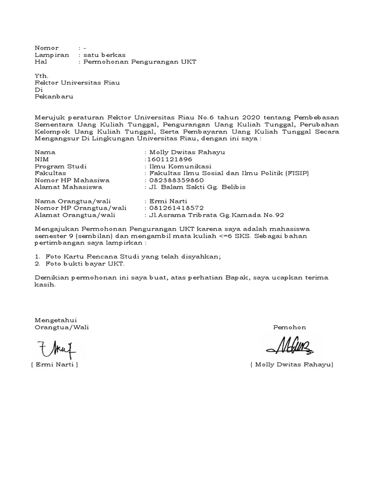 Permohonan Pengurangan Ukt Universitas Riau Pdf 