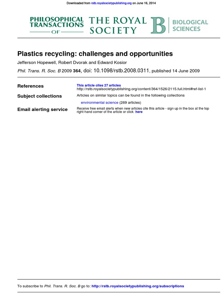 Plastics Recycling Challenges and Opportunities | PDF | Recycling | Plastic
