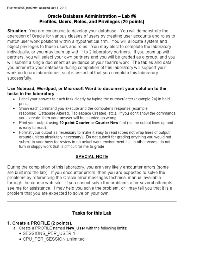 Oracle Database User Management Lab | PDF | Table (Database) | Databases