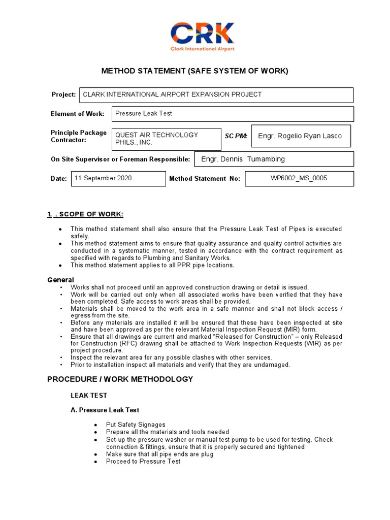 Method Statement Pressure Leak Test Download Free Pdf Personal
