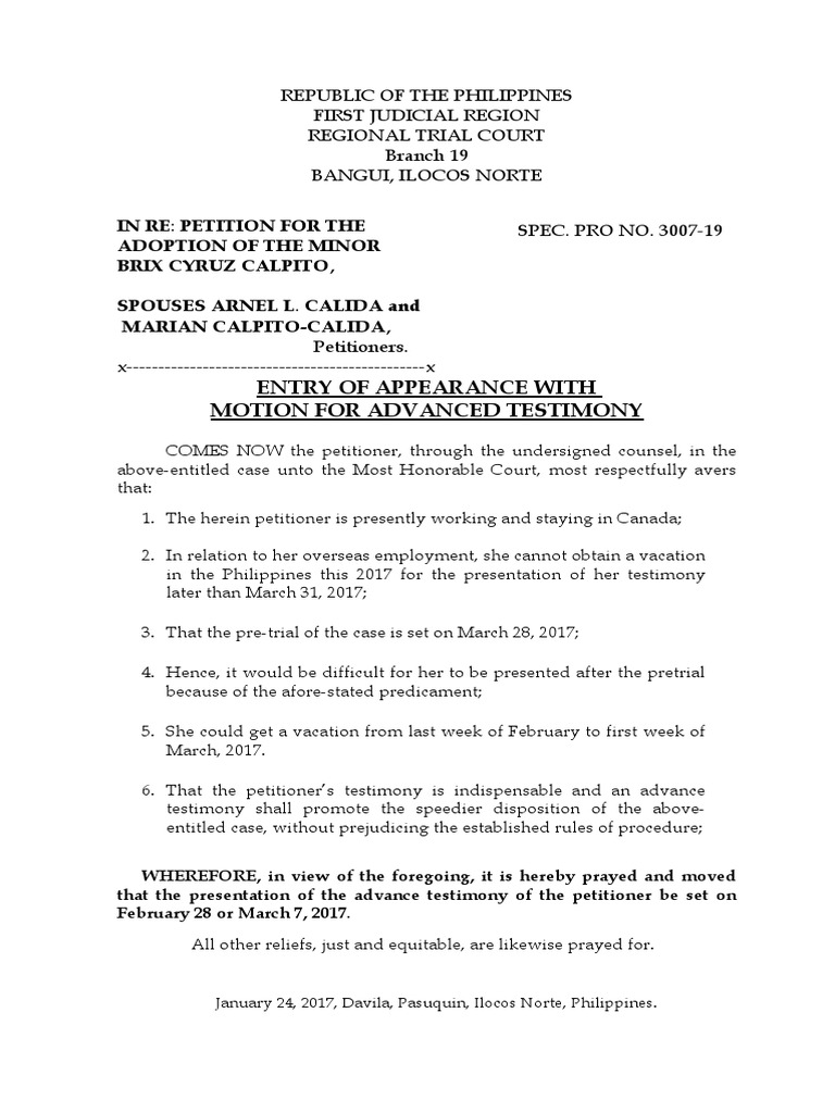 Motion For Advance Testimony PDF Common Law Justice