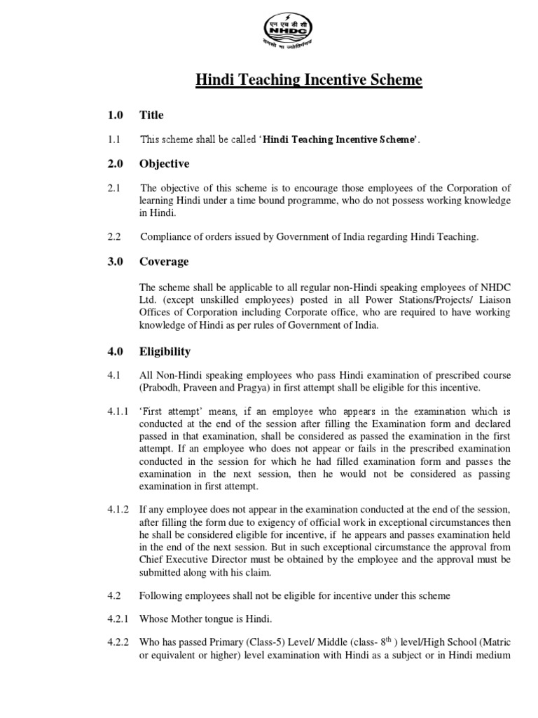 Hindi Teaching Incentive Scheme Guidelines for Encouraging Employees to Learn Hindi and