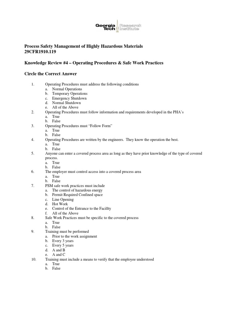 PSM Operating Procedures and Safe Work Practices Review | PDF