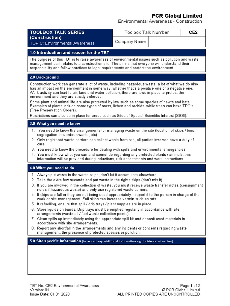 Toolbox Talk Series (Construction) : PCR Global Limited | PDF ...