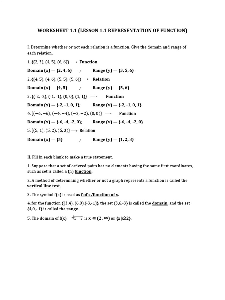 Worksheet 1.1 (Lesson 1.1 Representation of Function) | PDF