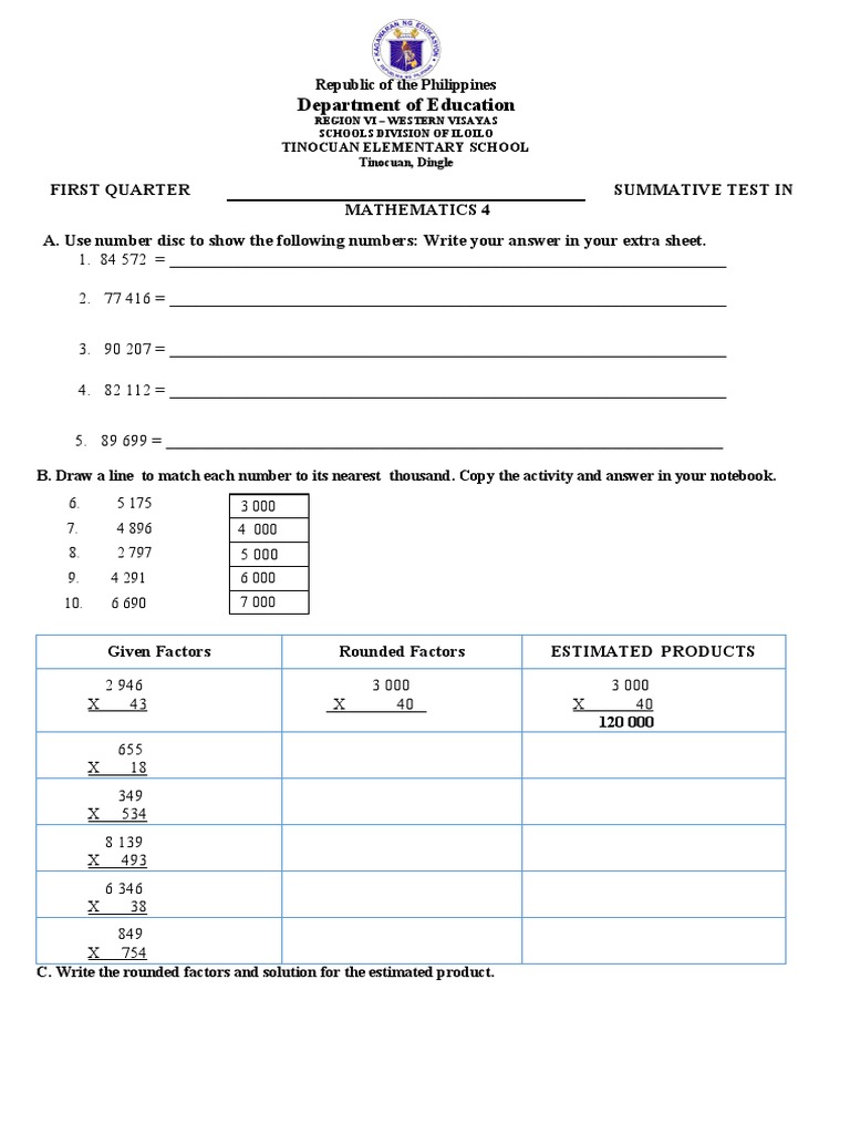 Math 4 First Quarter Summative Test | PDF
