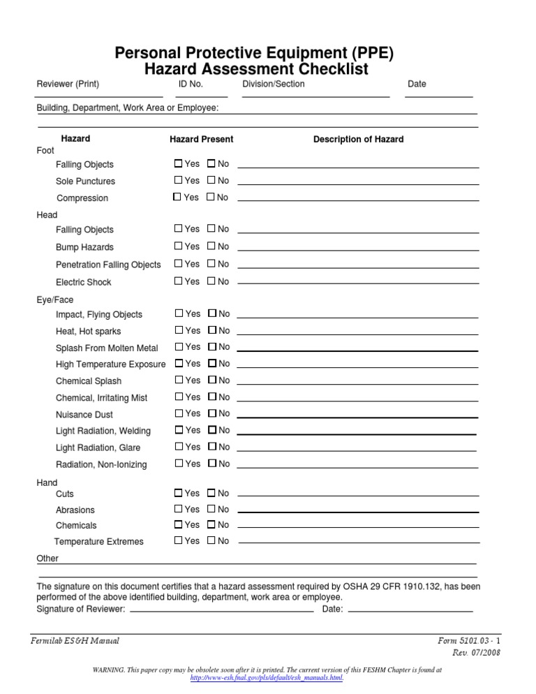 PPE Hazard Assessment Checklist | PDF | Personal Protective Equipment ...