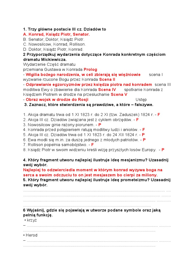 Dziady Część Ii Test Ze Znajomości Lektury