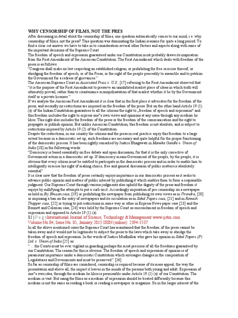 Why Censorship of Films PDF First Amendment To The United States