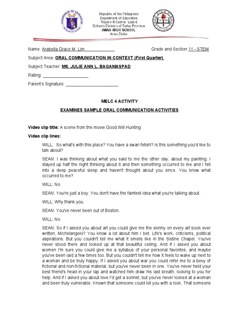 Melc 4 Activity Examines Sample Oral Communication Activities PDF