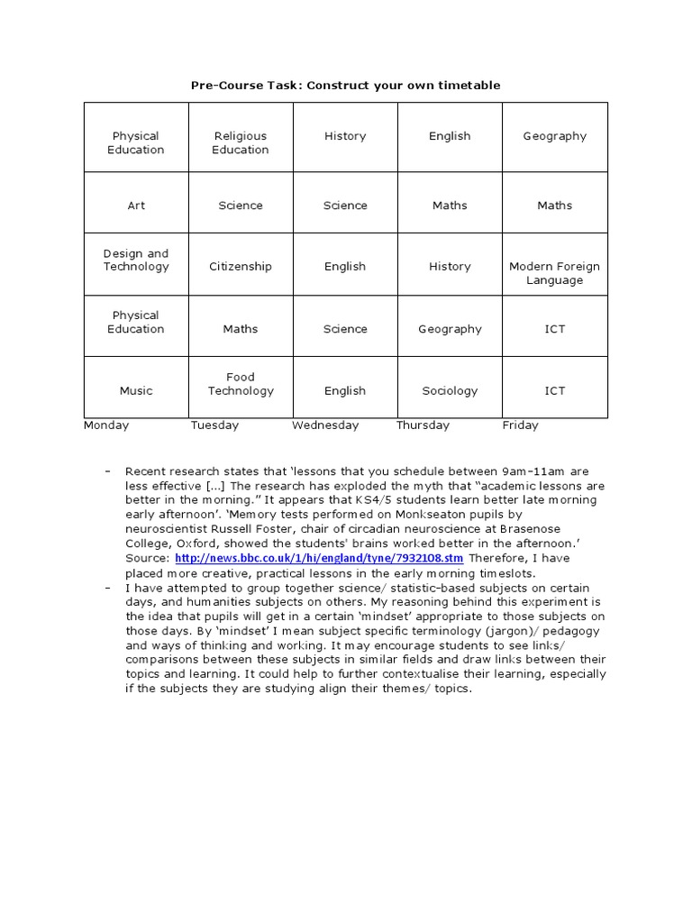 Pre-Course Task: Construct Your Own Timetable | PDF