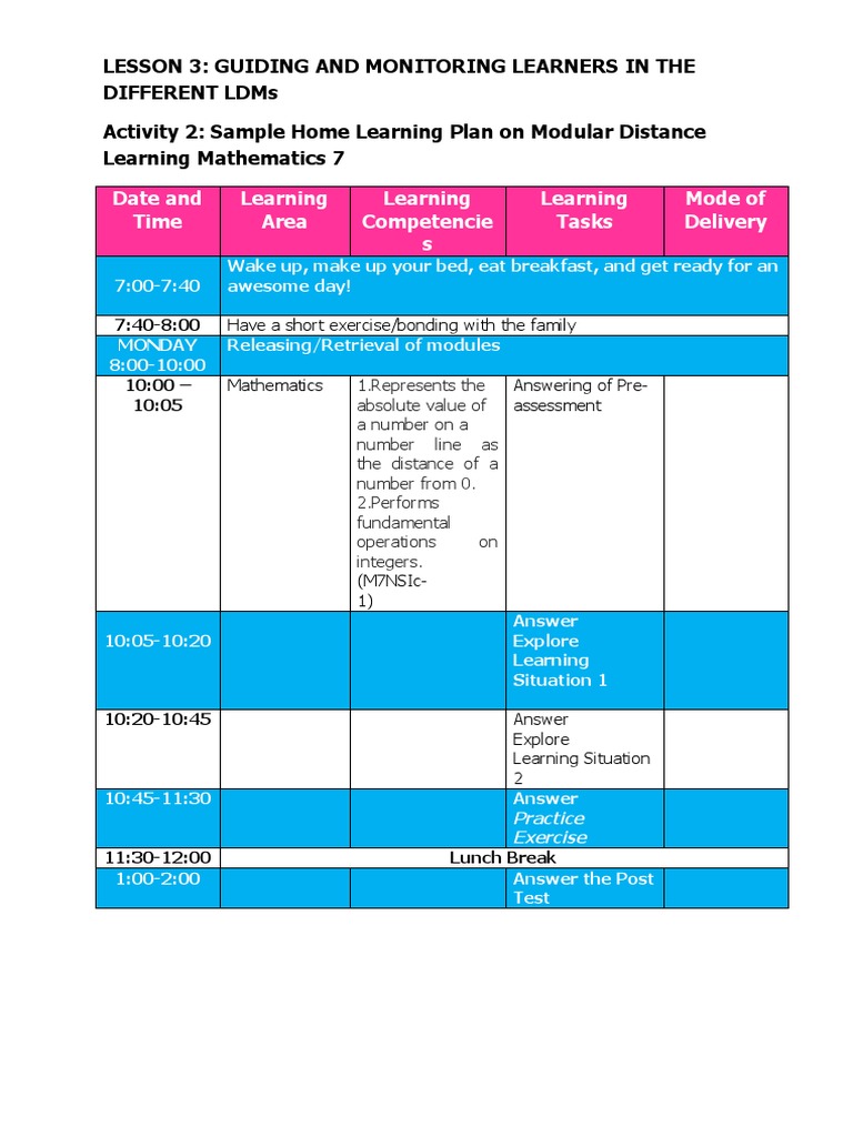 Date and Time Learning Area Learning Competencie S Learning Tasks Mode ...