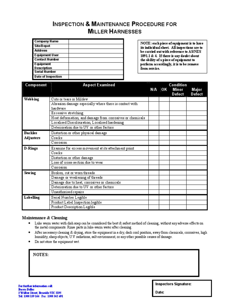Miller Harness Inspection Checklist | PDF | Corrosion | Conservation ...