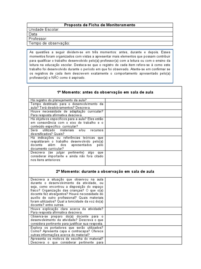 Proposta de Ficha de Monitoramento | PDF | Lição | Tempo