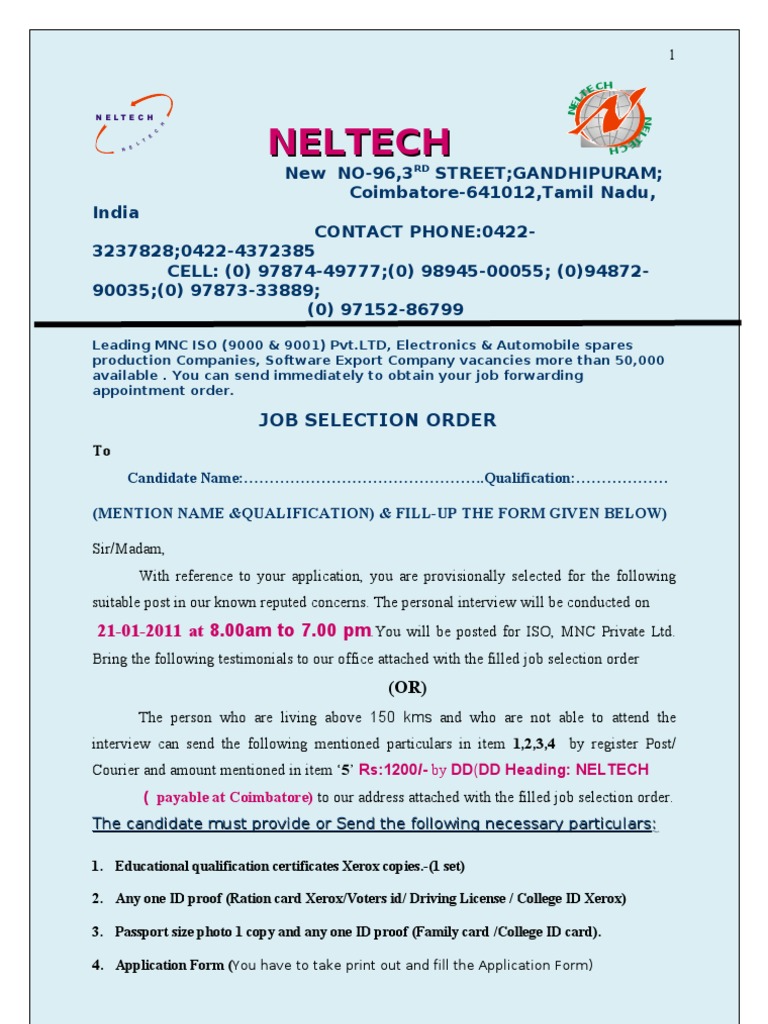 Neltech Selection Order | PDF