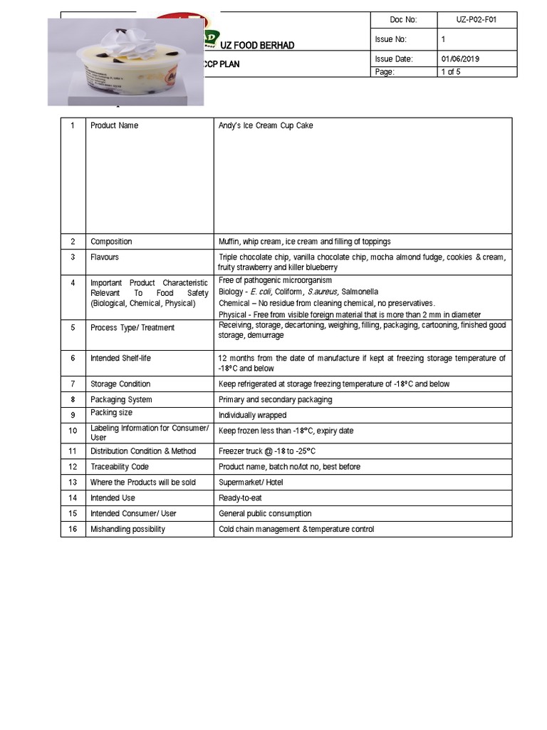 P02F0102 HACCP Plan IceCream Cup Cake PDF Hazard Analysis And